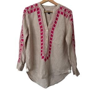 J. Crew Embroidered V-Neck Tunic Striped 100% Linen Size XS